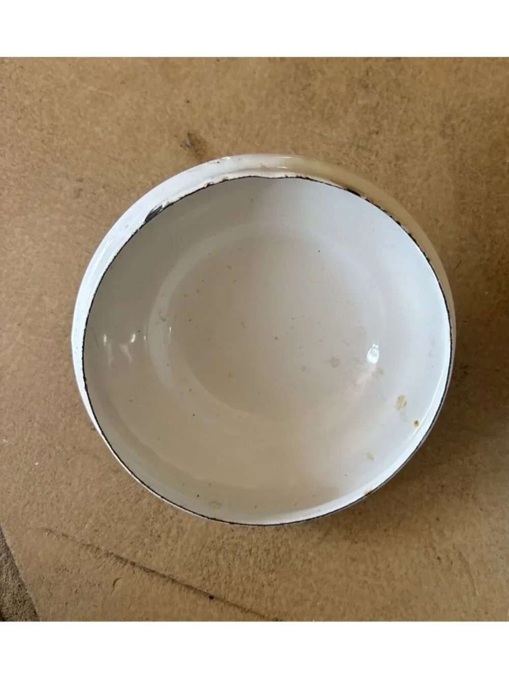 Farmhouse Enamelware Small Pot And Lid White Black Trim 5 1/4” Across Rim 2 1/4